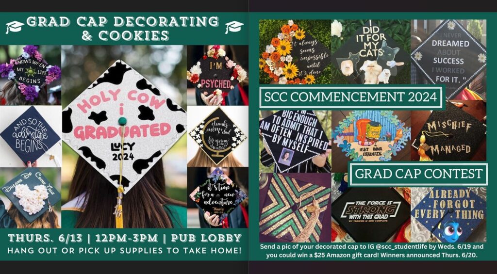 This is a collage of different caps that are decorated advertising the grad cap decorating event