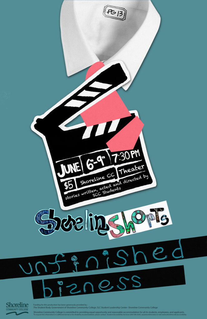 This is a blue background with a shirt collar and a director's slate chopping the tie advertising the Shoreline Shorts event