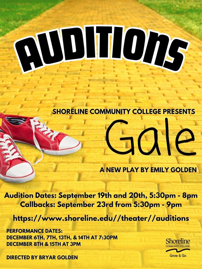 This is a poster for auditions with an image of a yellow brick road and red converse sneakers.