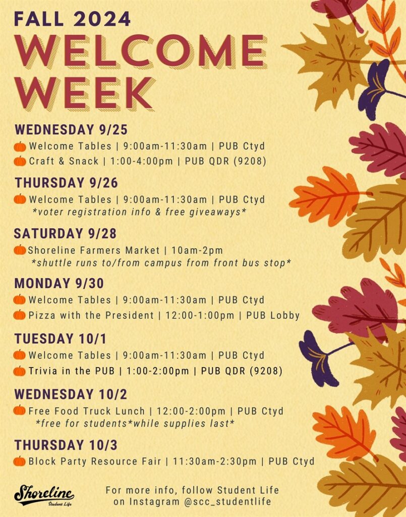 This is a graphic with fall leaves advertising the different Welcome Week events