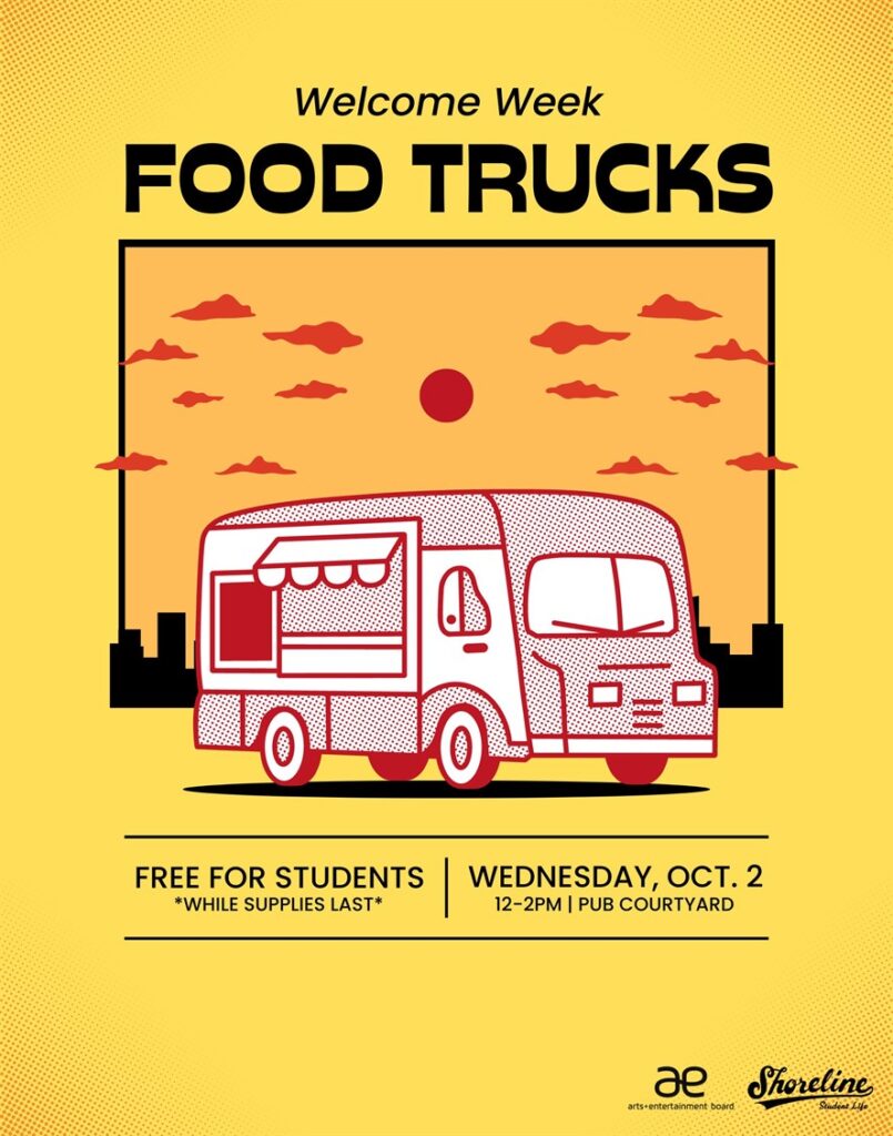 This is a yellow flyer with a red food truck graphic against a sunset backdrop