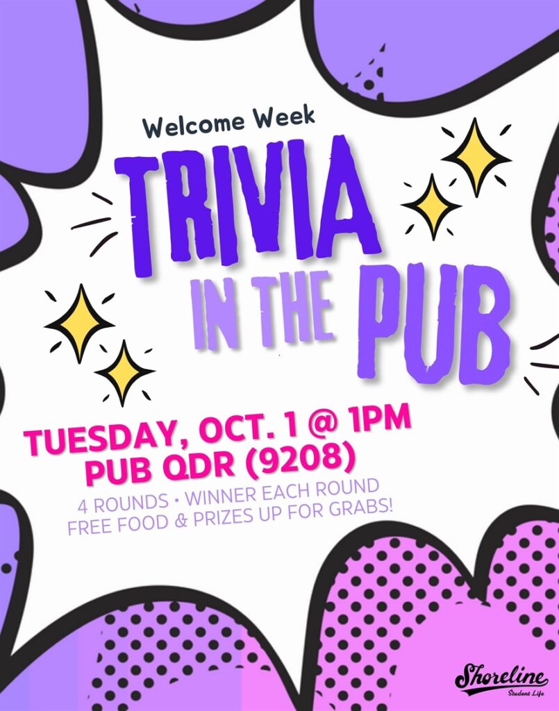 This is a white and purple flyer advertising pub trivia