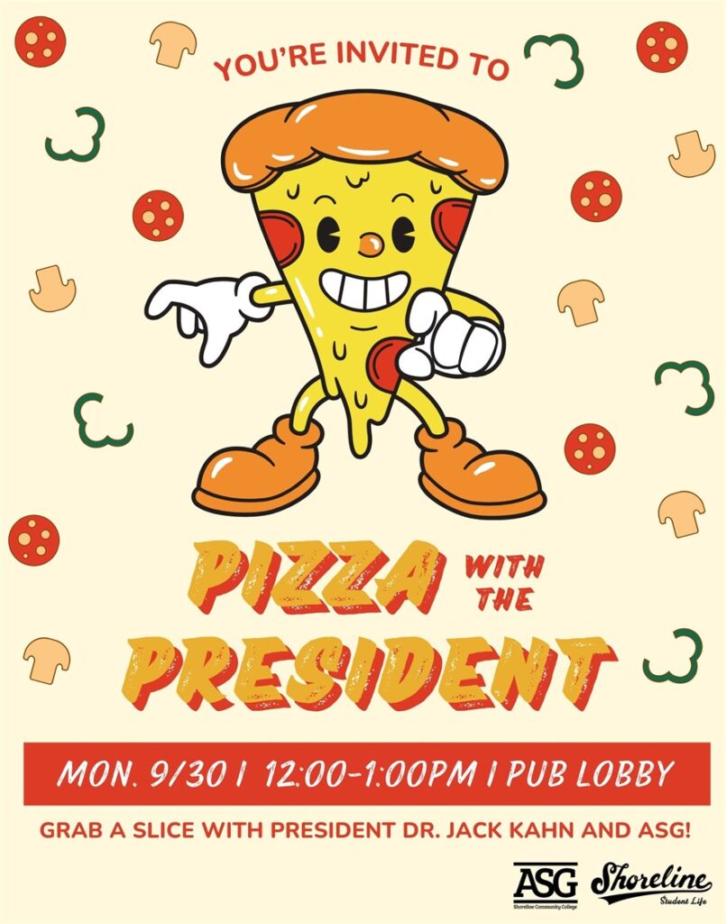 This is a smiling pizza slice and orange writing advertising pizza with the President.