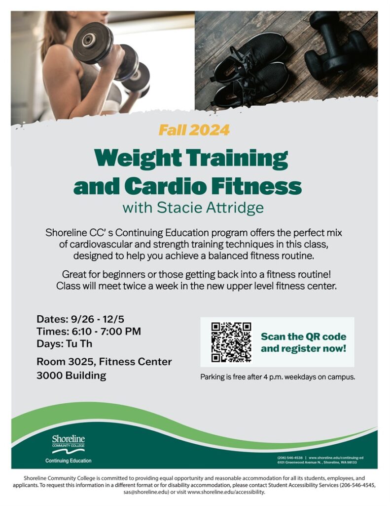 This is a flyer with two pictures on it- one a woman weight lifting and two shoes and weights on the ground