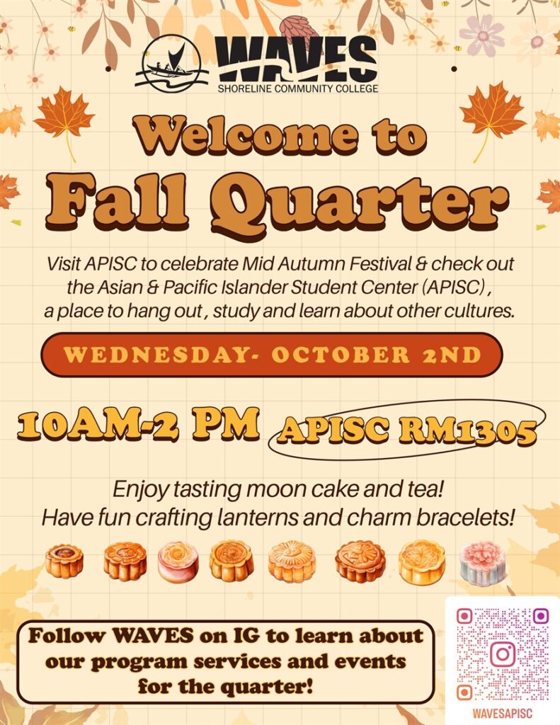 This is a fall colored flyer with graphics of leaves, fall flowers and moon cakes.