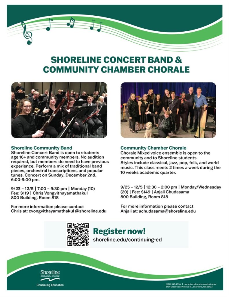 This is a flyer encouraging people to sign up for concert band and chamber chorale.  The images are a bunch of bassoons players seated wearing black and a group of people standing in a music room.