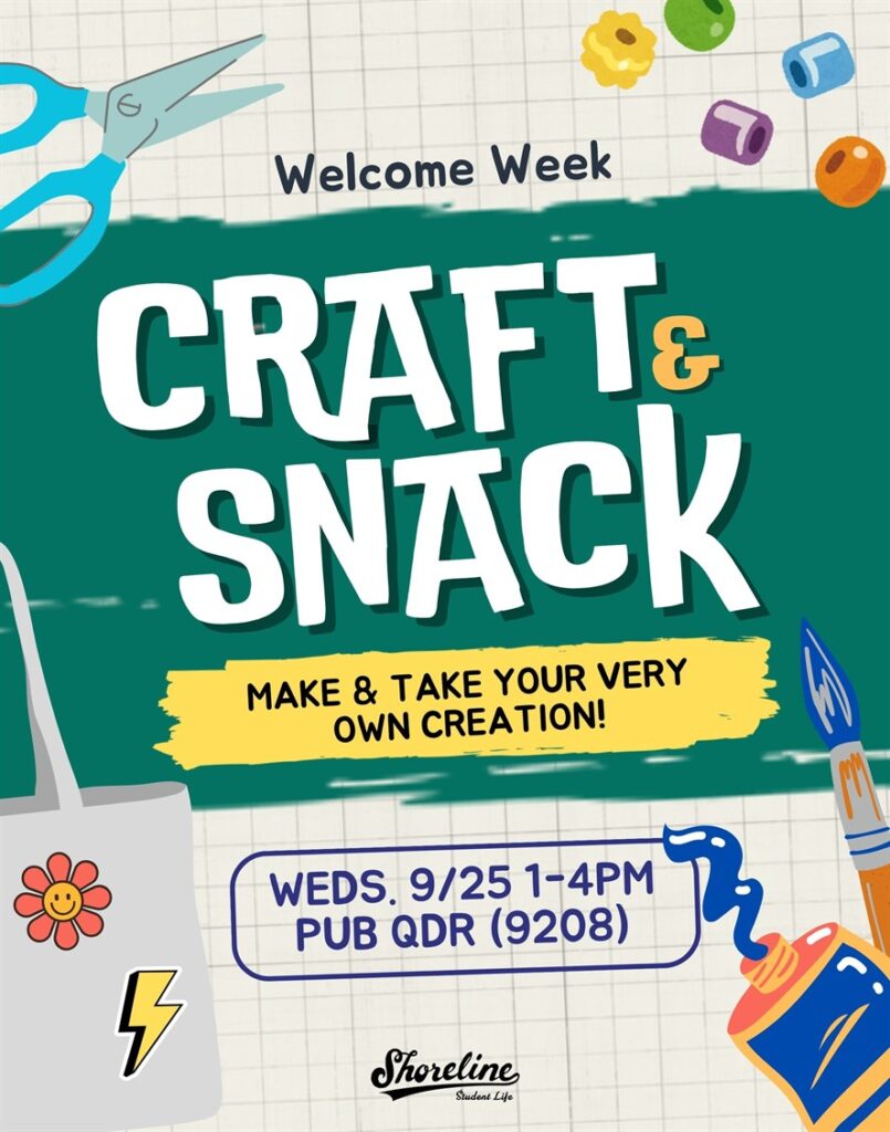 This is a graphic with scissors, beads, paints etc. advertising the Craft & Snack