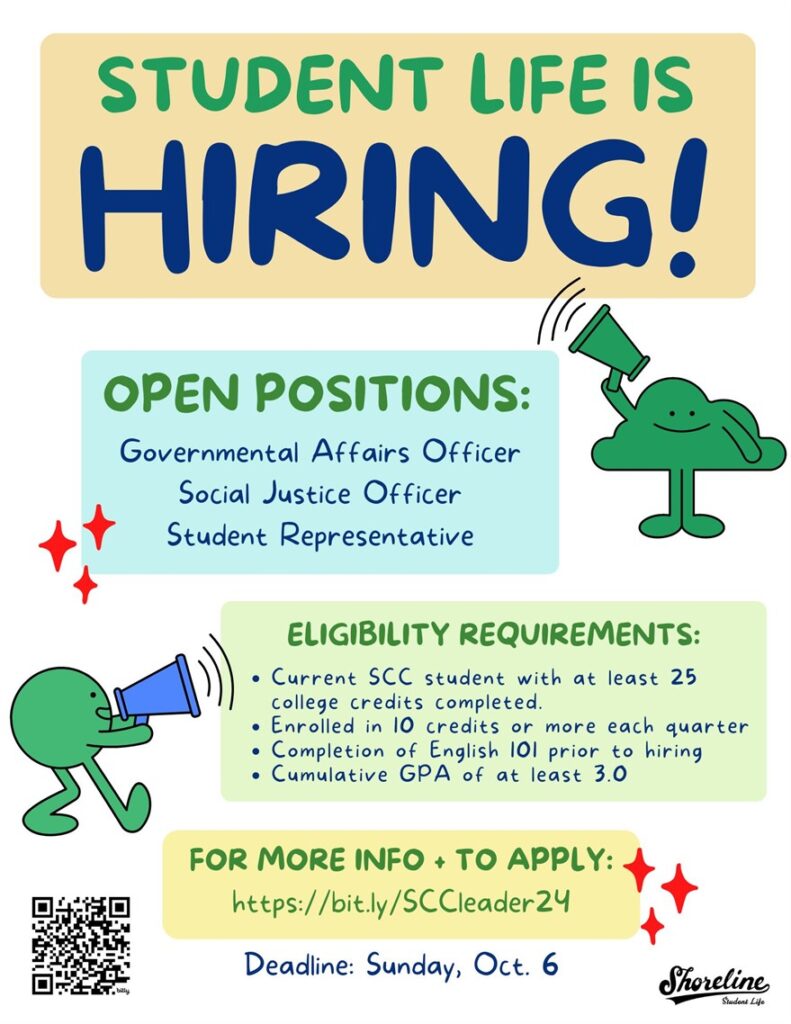 This flyer describes the positions available in student life and the requirements to participate