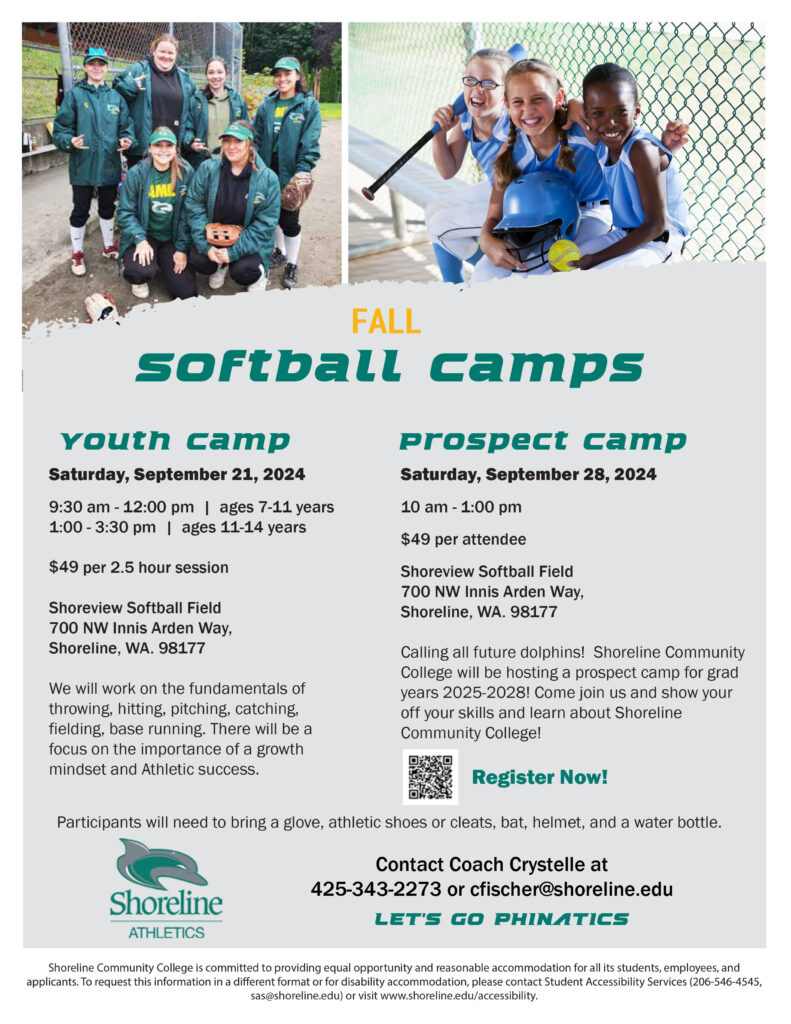 This is a flyer with images of softball players and information about the camps