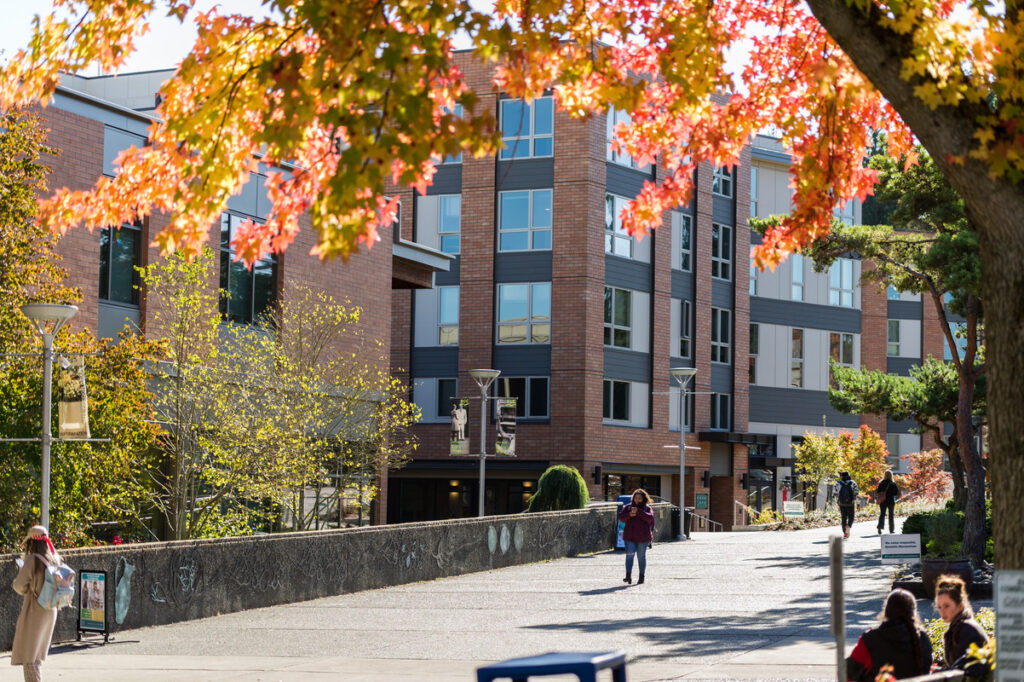 Shoreline Community Residence Hall exterior shot in the fall