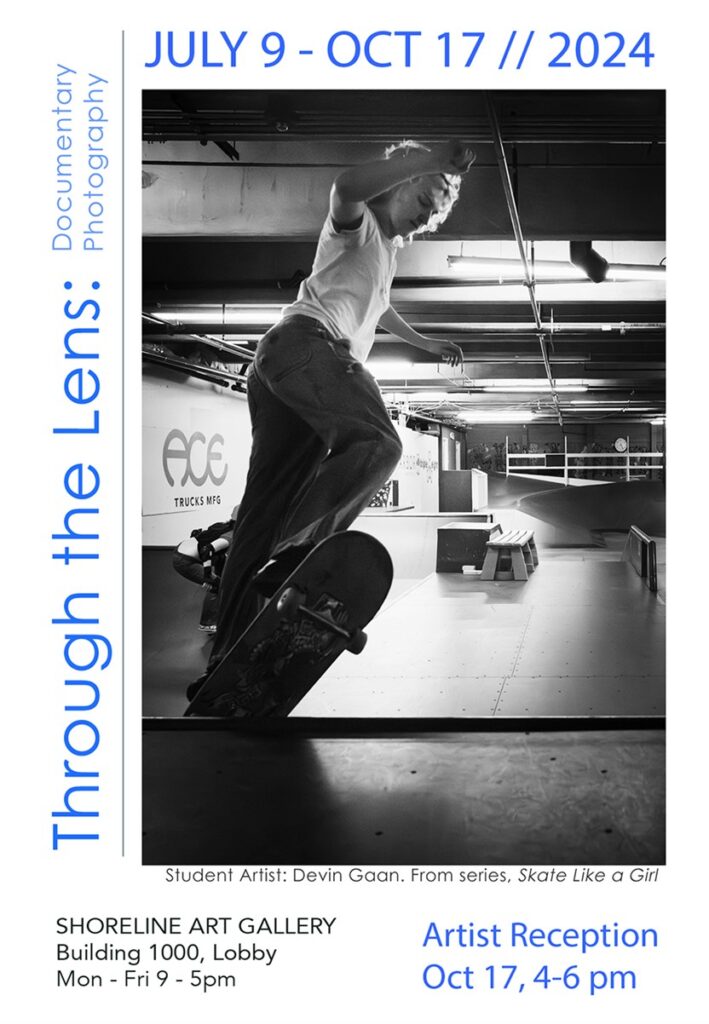 This is a black and white image of a person on a skateboard advertising the Artist reception.