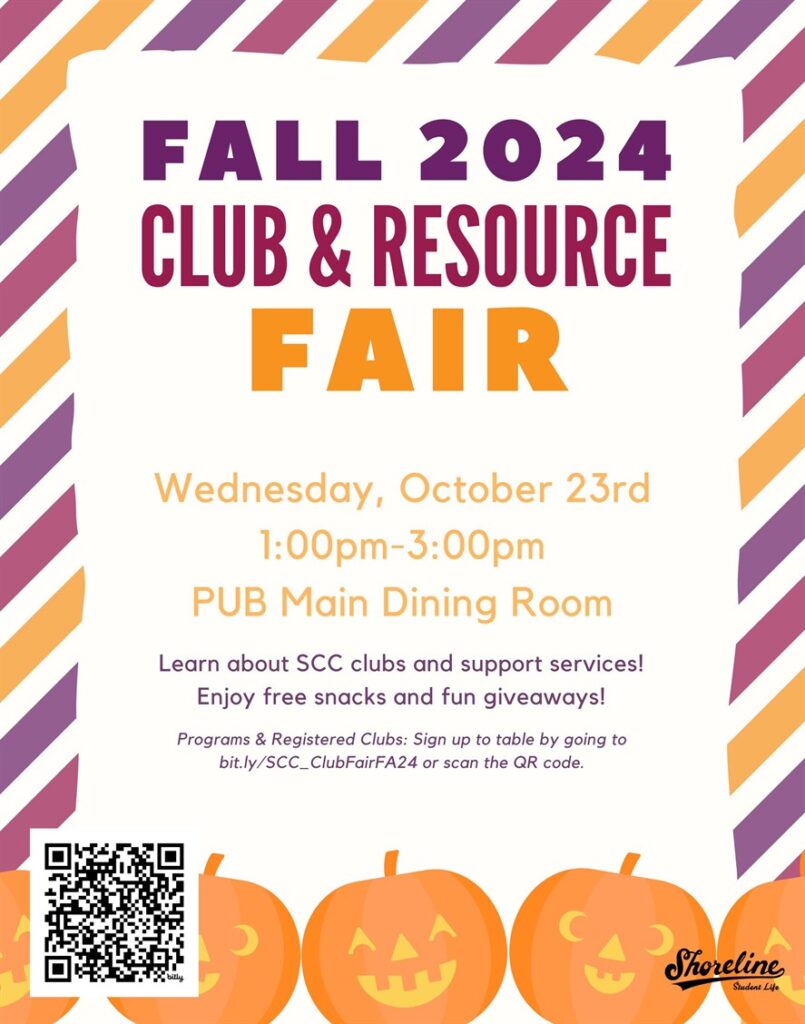 This is a purple and orange flyers with pumpkins advertising the Club and Resource Fair