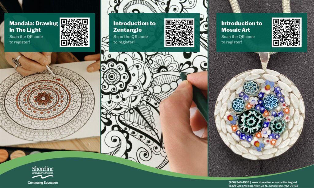 This is a three paneled graphic advertising the three different classes.  The left panel has hands drawing a mandala, the middle panel has a hand creating a entangle and then right panel is a mosaic pendant.