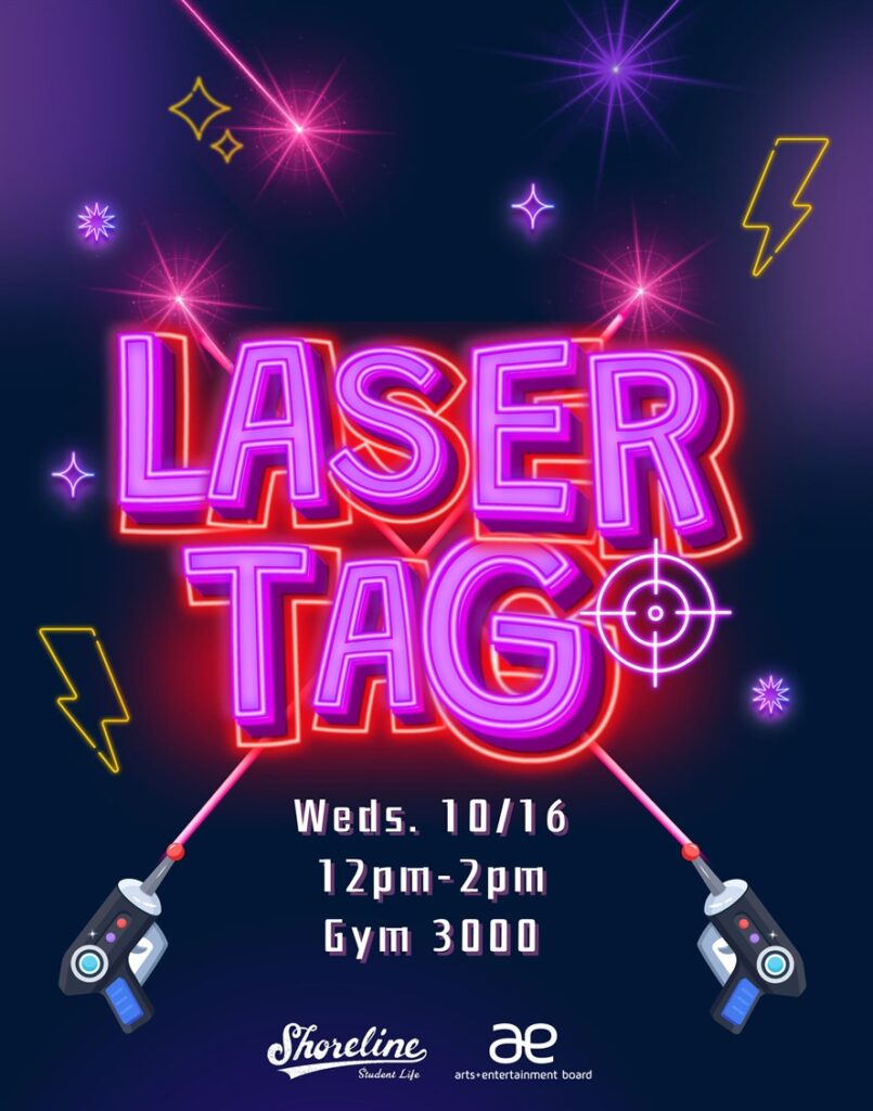 This is a purple flyer with neon graphics promoting laser tag.