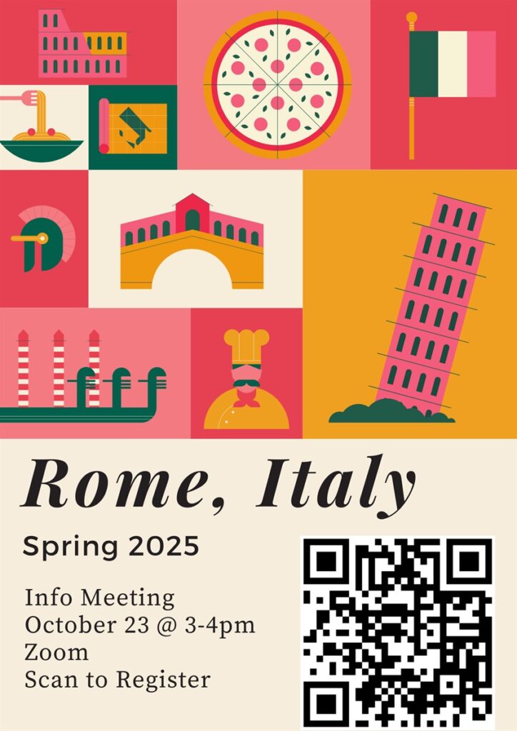 This is a poster in pinks and oranges with lots of Italy themed clip art advertising the info session