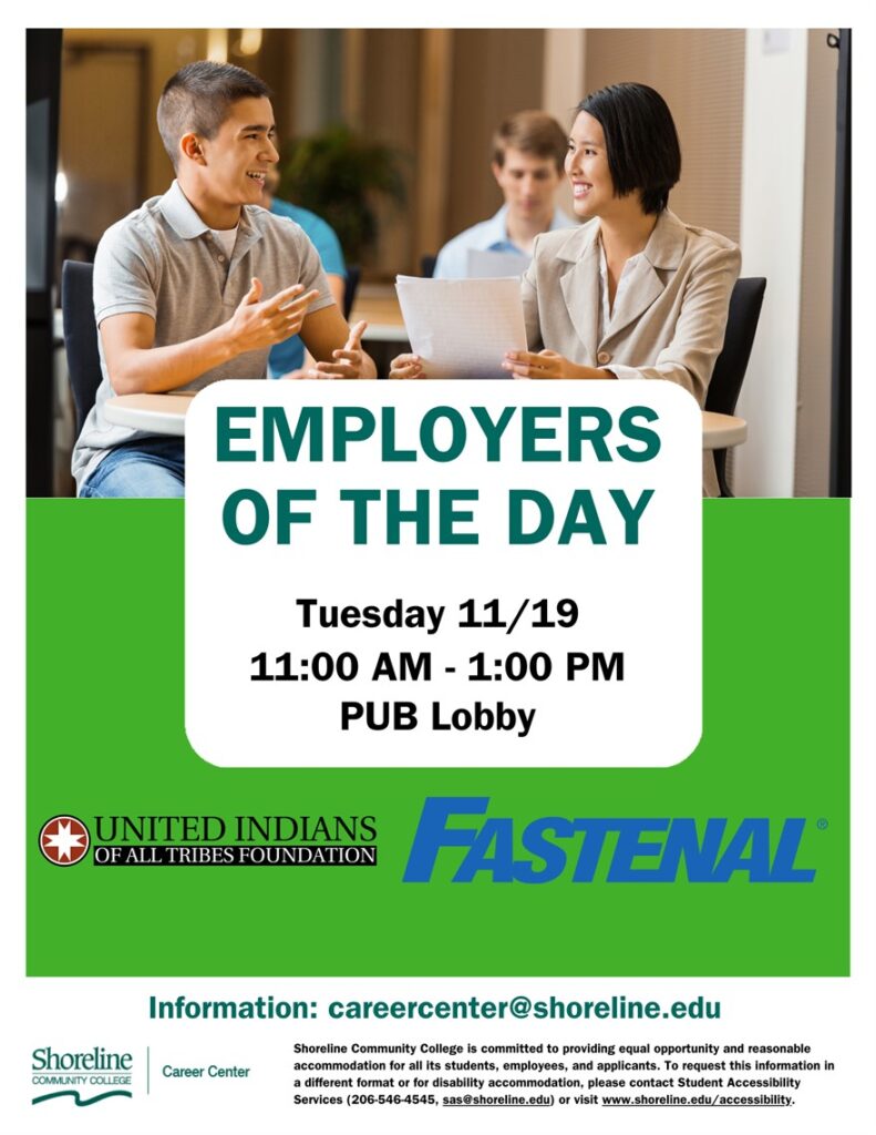 This is a flyer with people seated at a table having a job interviews advertising the Employer of the Day Event.