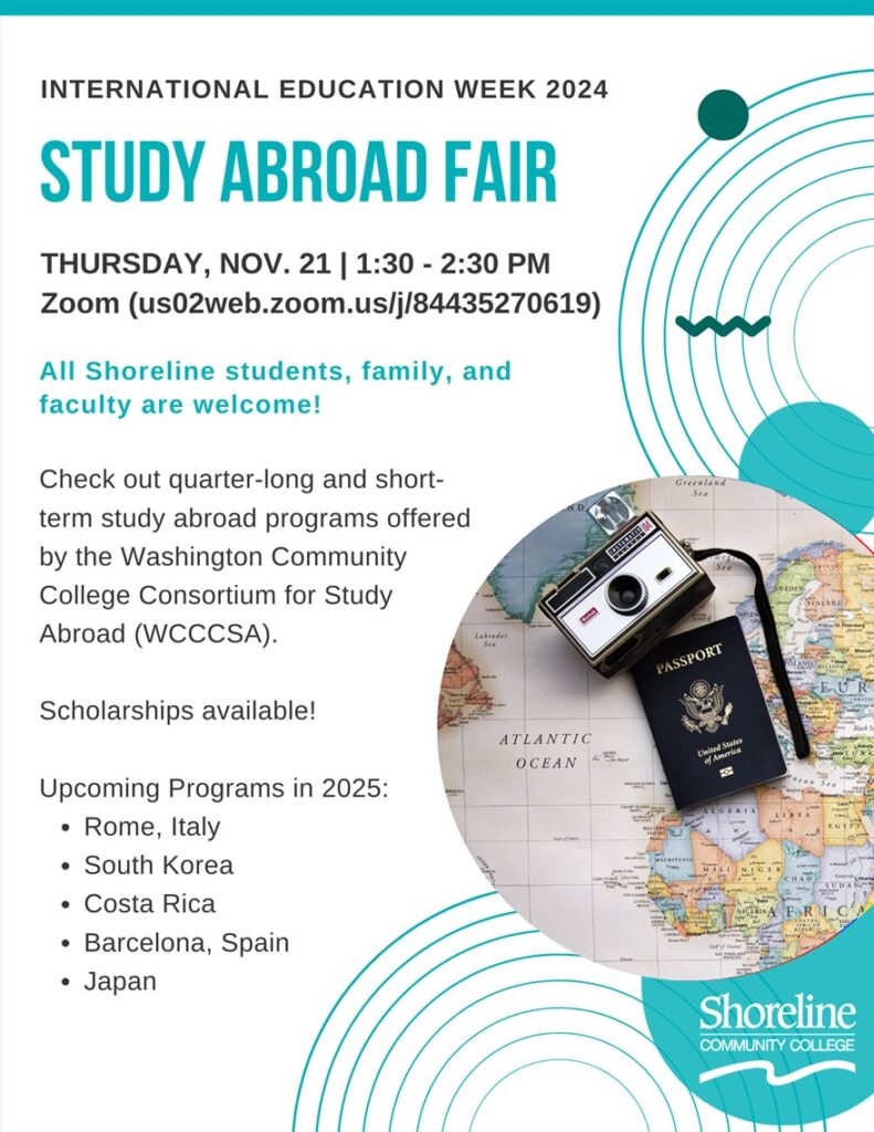 This is a white flyer with blue designs and a picture of a camera and passport advertising the Study Abroad Fair.