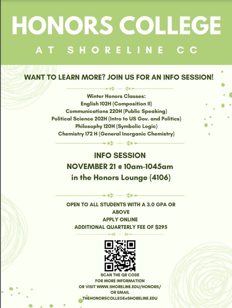 This is a pale green flyer advertising the Honors College- the information listed in the flyer is also in the text.