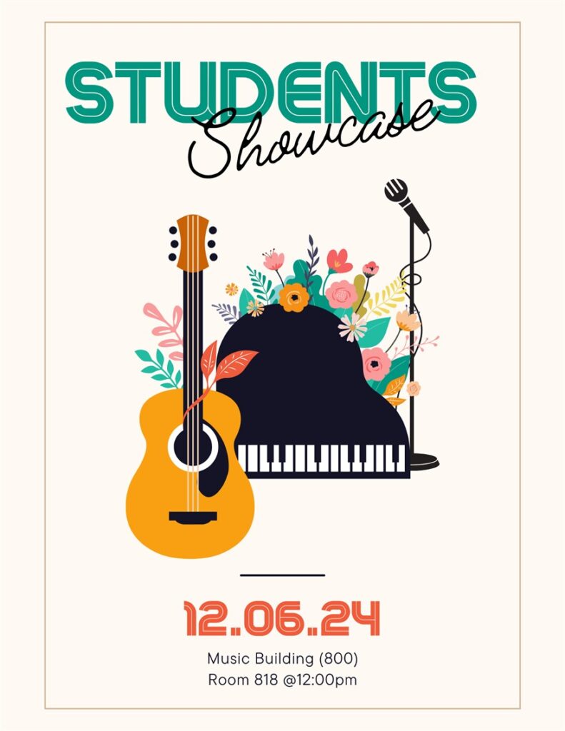 This is a flyer with a piano, guitar, microphone and flowers advertising the event.