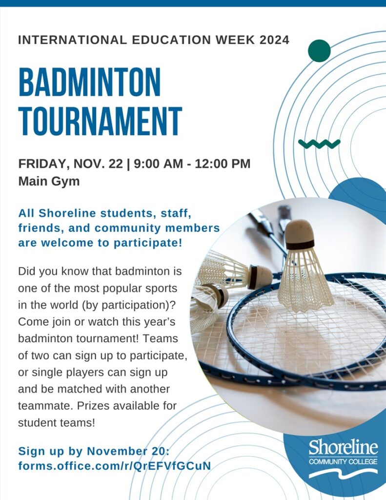 This is a white and blue flyer with an image of badminton rackets and shuttlecock with information about the event.