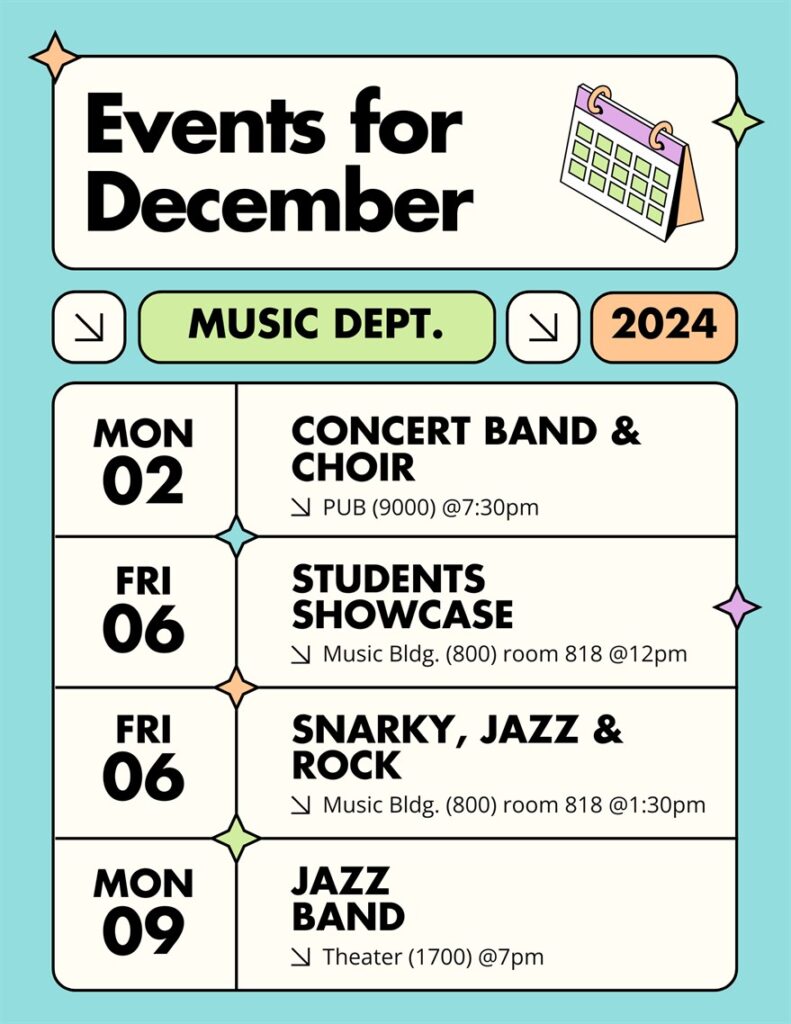 This is a calendar snapshot advertising different music events happening in Dec.  12/2 Concert Band and Choice Concert at 7:30 in the PUB
12/6 Student Showcase 12pm
12/6 Snarky, Jazz and Rock Concert 1:30pm
12/9 Jazz Band Concert  7pm