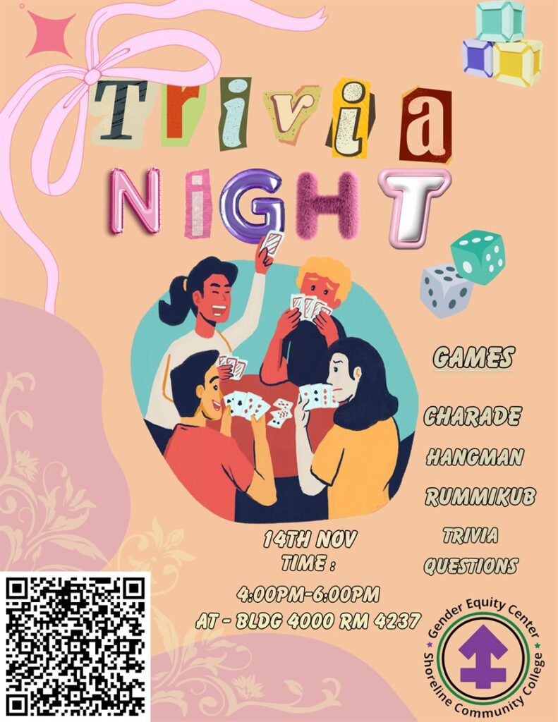 This is an apricot colored flyer with a group of people sitting at a table playing cards, advertising the event.  Games included will be Charades, Hangman, Rummikub, Trivia etc.