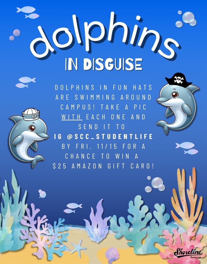 This is a blue flyer with dolphins wearing festive hats advertising the student life promo