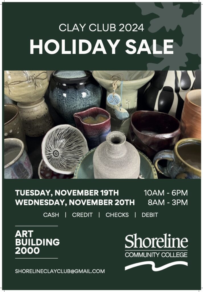 This is a flyer with a dark green background with pictures of colorful clay works of art advertising the annual clay club sale.