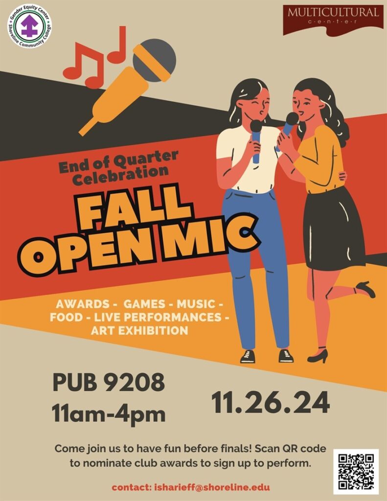 This is a flyer in fall colors with a retro feel that has two women holding mics advertising the event.  Details in post.