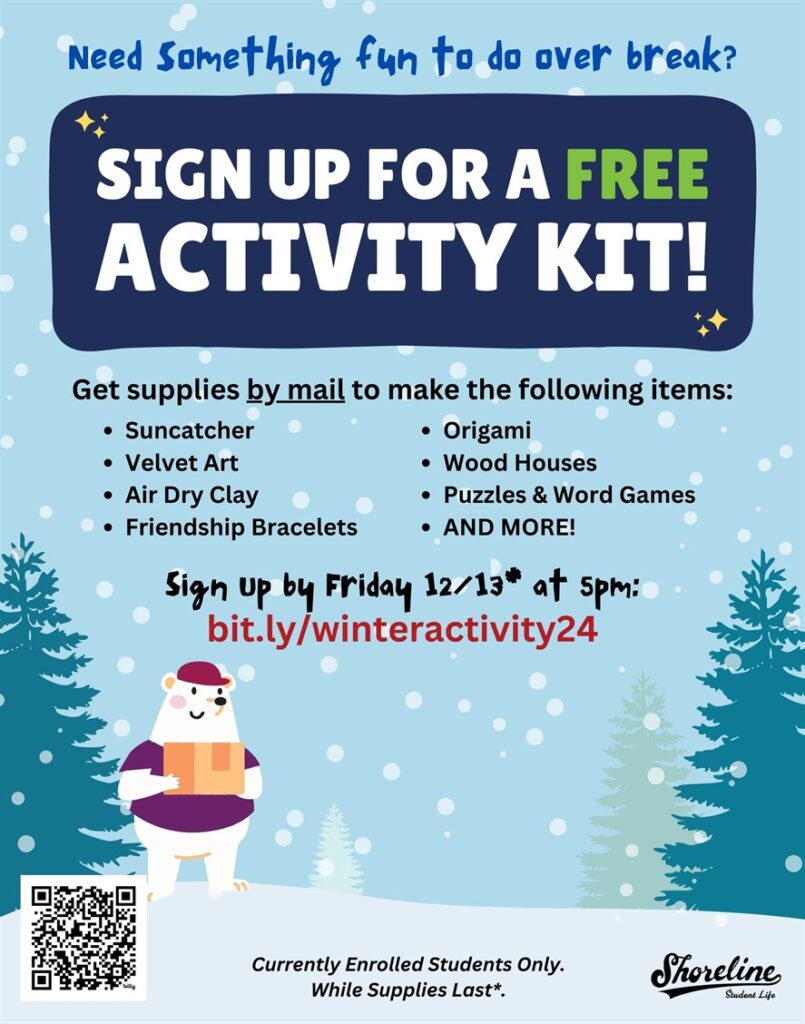 This is a snowy flyer with trees and a polar bear advertising the winter activity kits