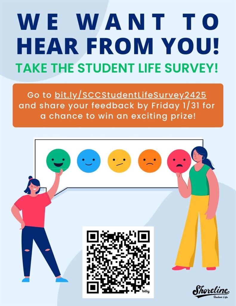 This is a poster with a QR code on it requesting students fill out the survey 