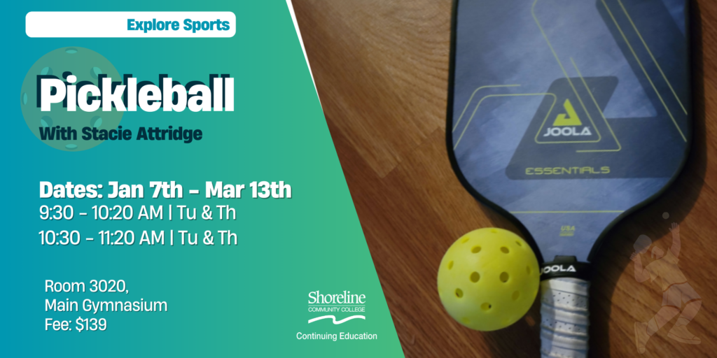 This is a picture of a blue pickleball paddle and a bright yellow ball with info about the class.