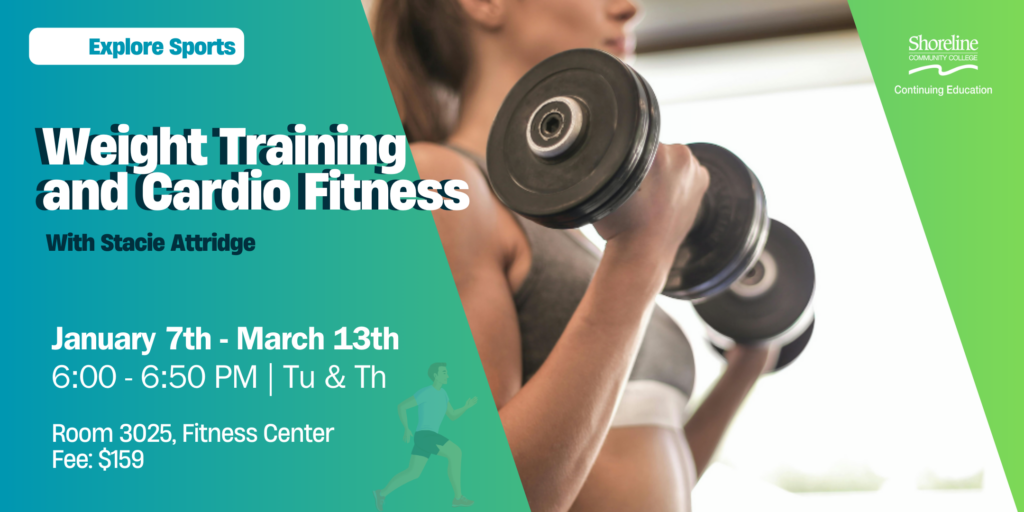 This is a woman doing a bicep curl holding two weights with info about the class.