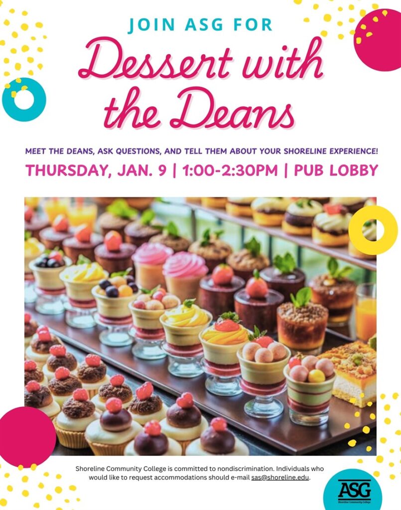 This is an image of lots of colorful deserts lines up diagonally in rows advertising the Dessert with the Deans event.