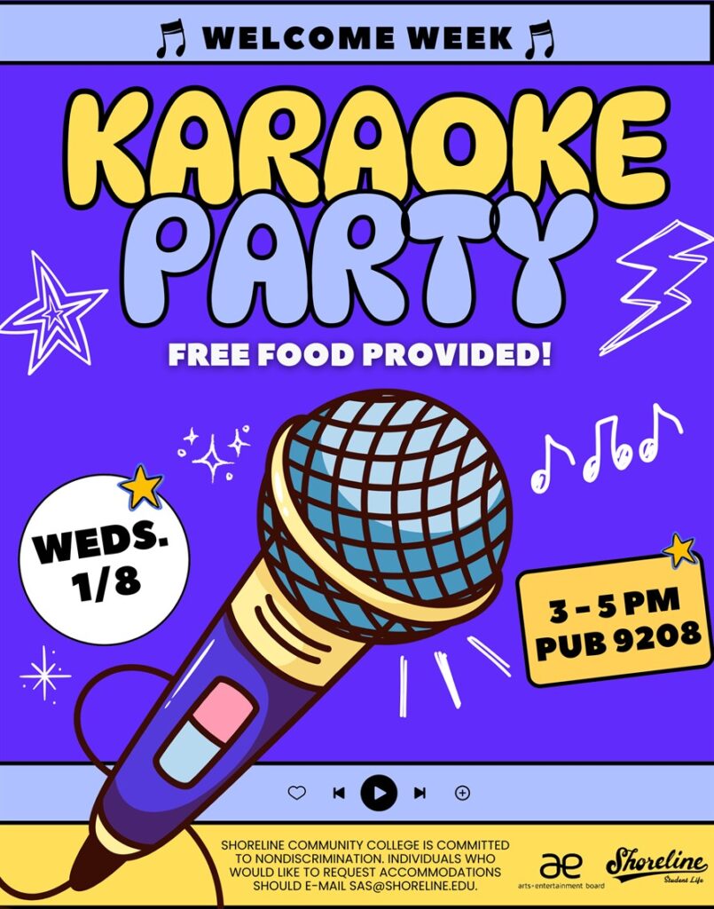 This is a bluish purple flyer with a giant microphone and music note clip art advertising the karaoke party