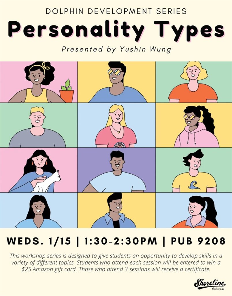 The is an image of a cartoon Zoom screen with lots of different clip art people advertising the personality type workshop.