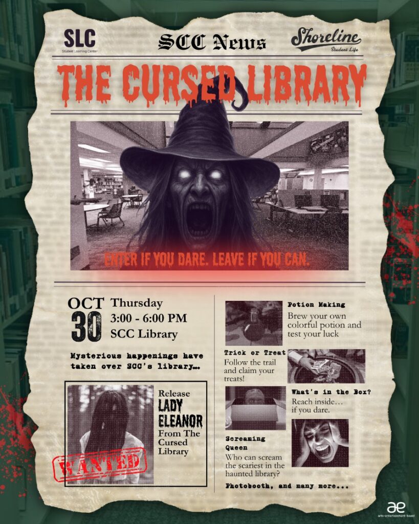 Event flyer featuring an image of a screaming witch with glowing eyes in the library.
