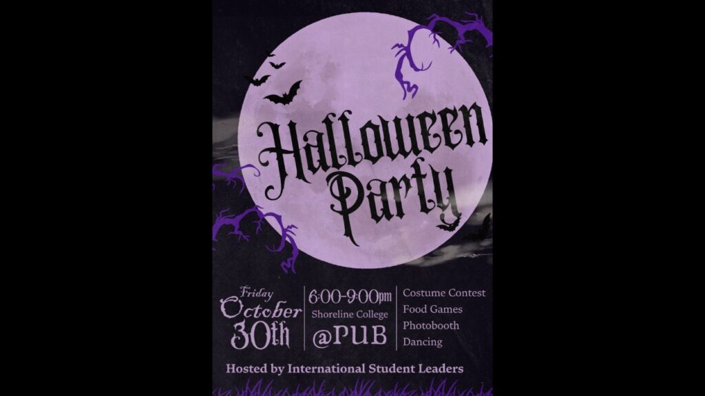 Event information (title, date, time, location) on a black background with big purple moon and bat shadows.