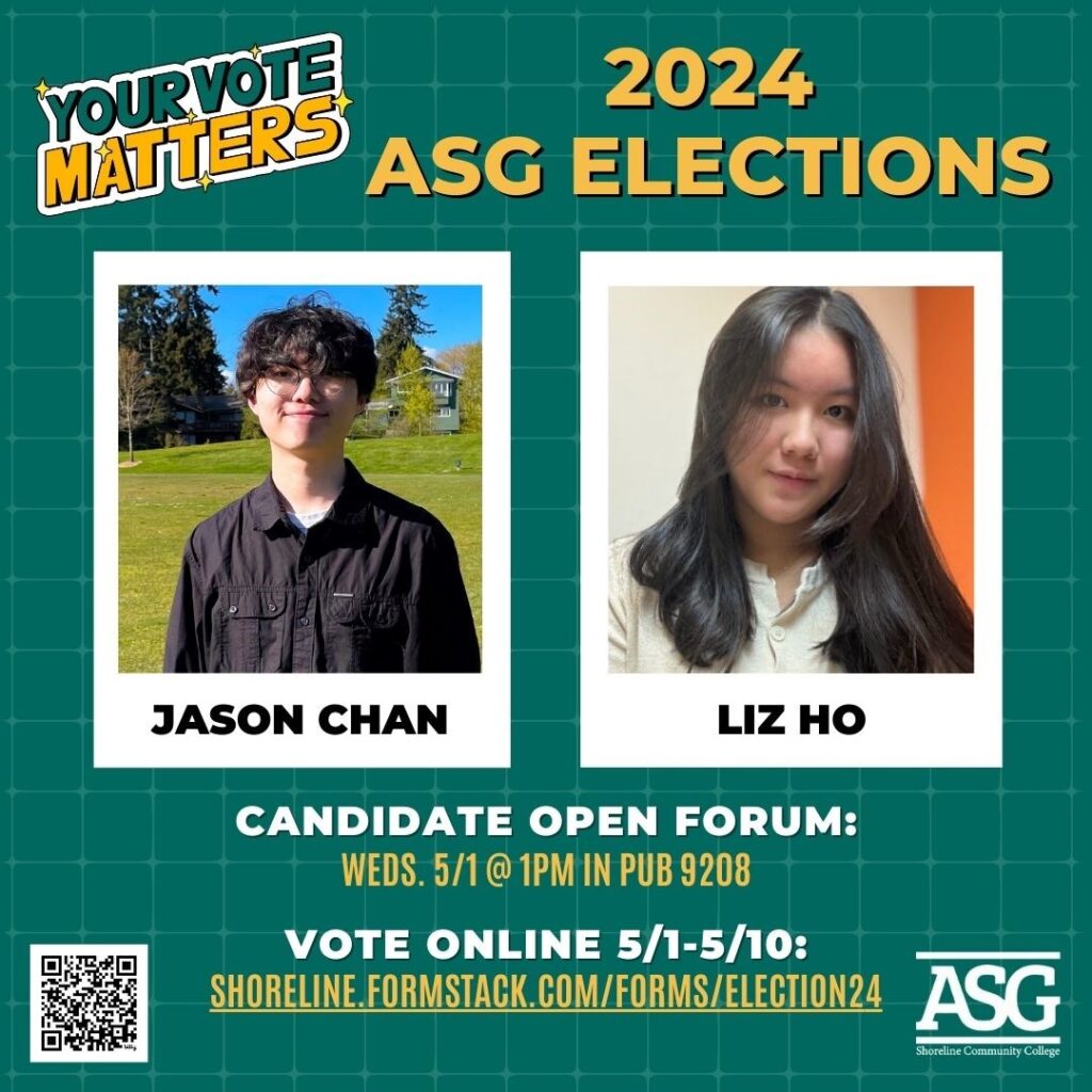 Image contains photos of 2 candidates, Jason Chan and Liz Ho along with the words "Your Vote Matters 2024 ASG Elections." 
