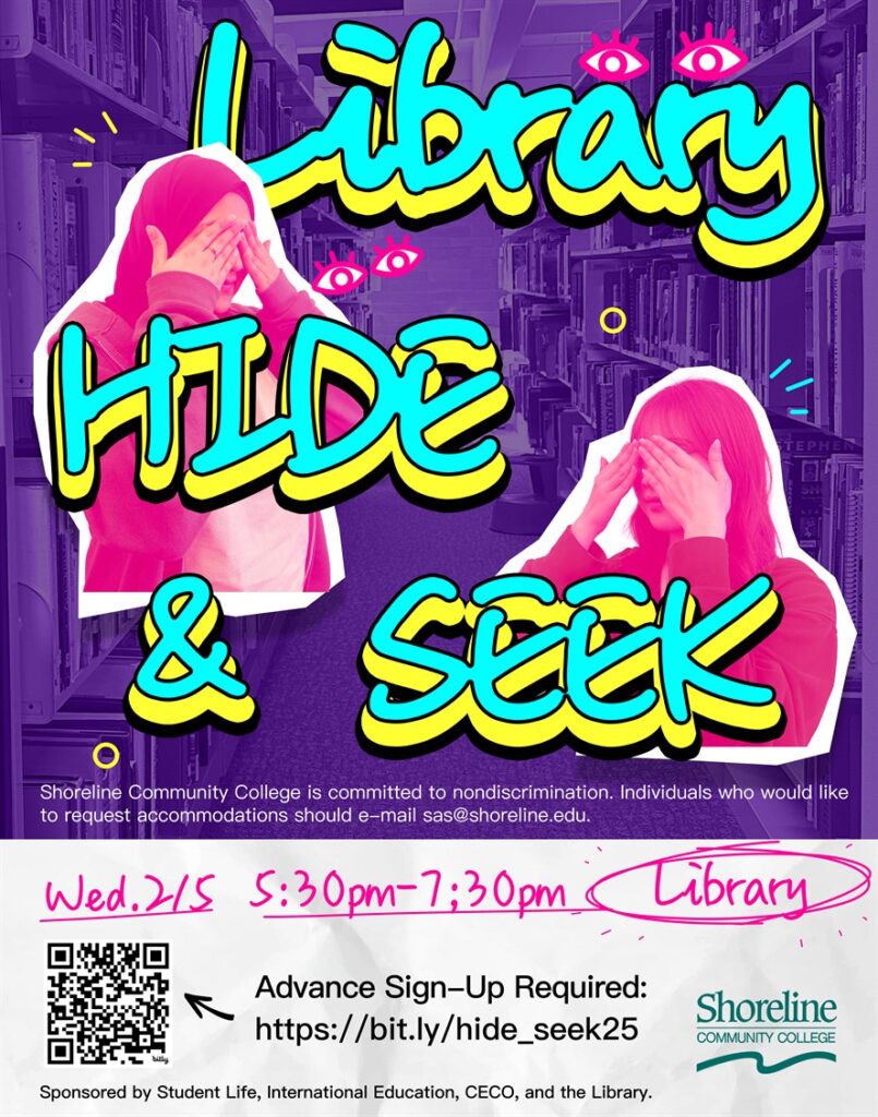 Hide & Seek event flyer features images of students covering their eyes with library bookshelves in the background. Flyer also includes event details found in the text of the blog post.