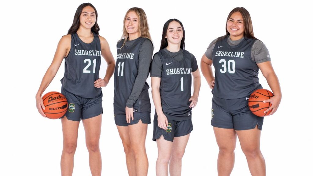 Image of four women athletes wearing Shoreline athletic gear. 