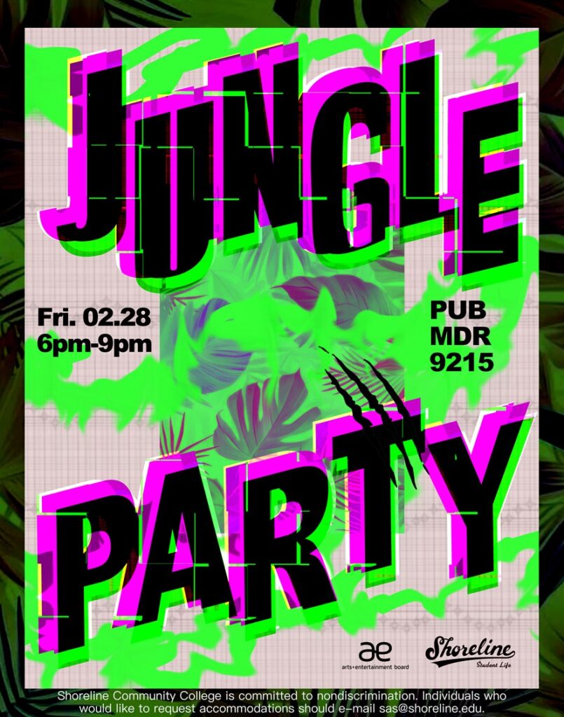 Neon green trees and leaves with the words "Jungle Party" in purple and black.