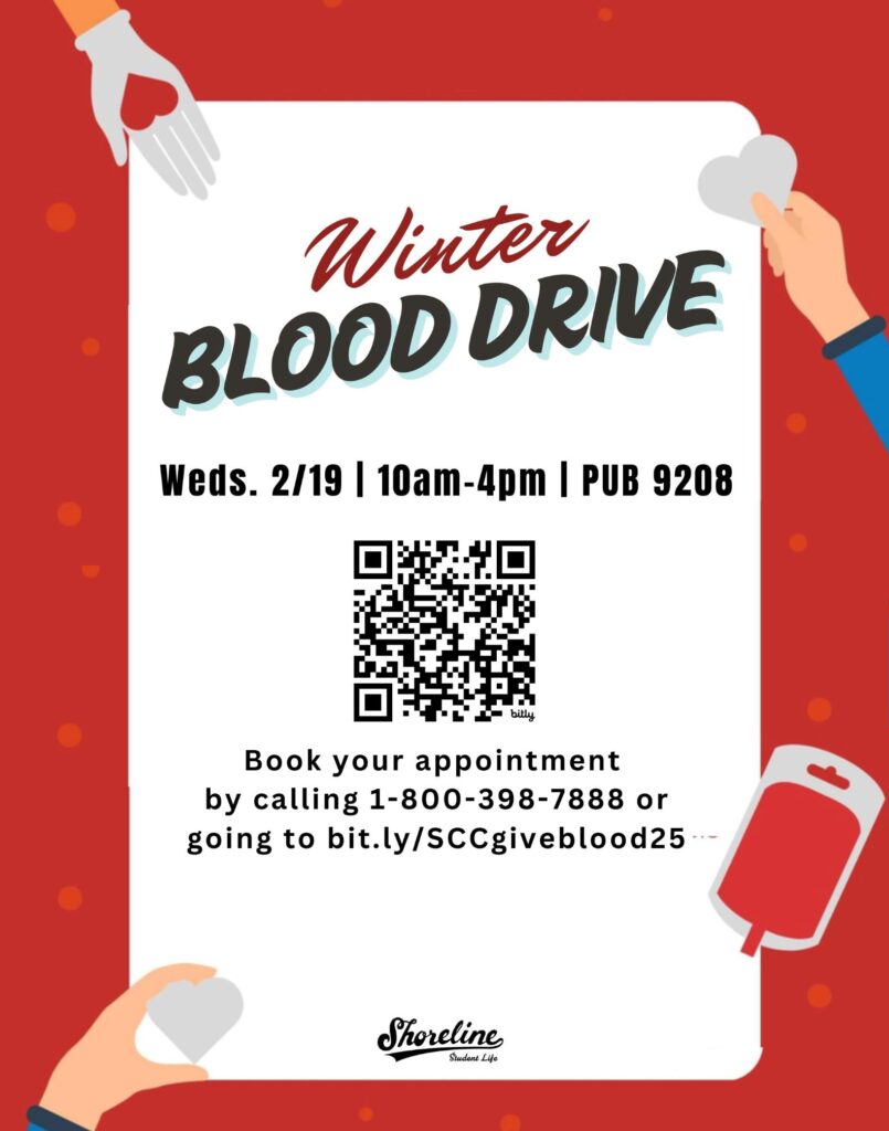 Illustration of hands holding hearts with the headline “Winter Blood Drive.”