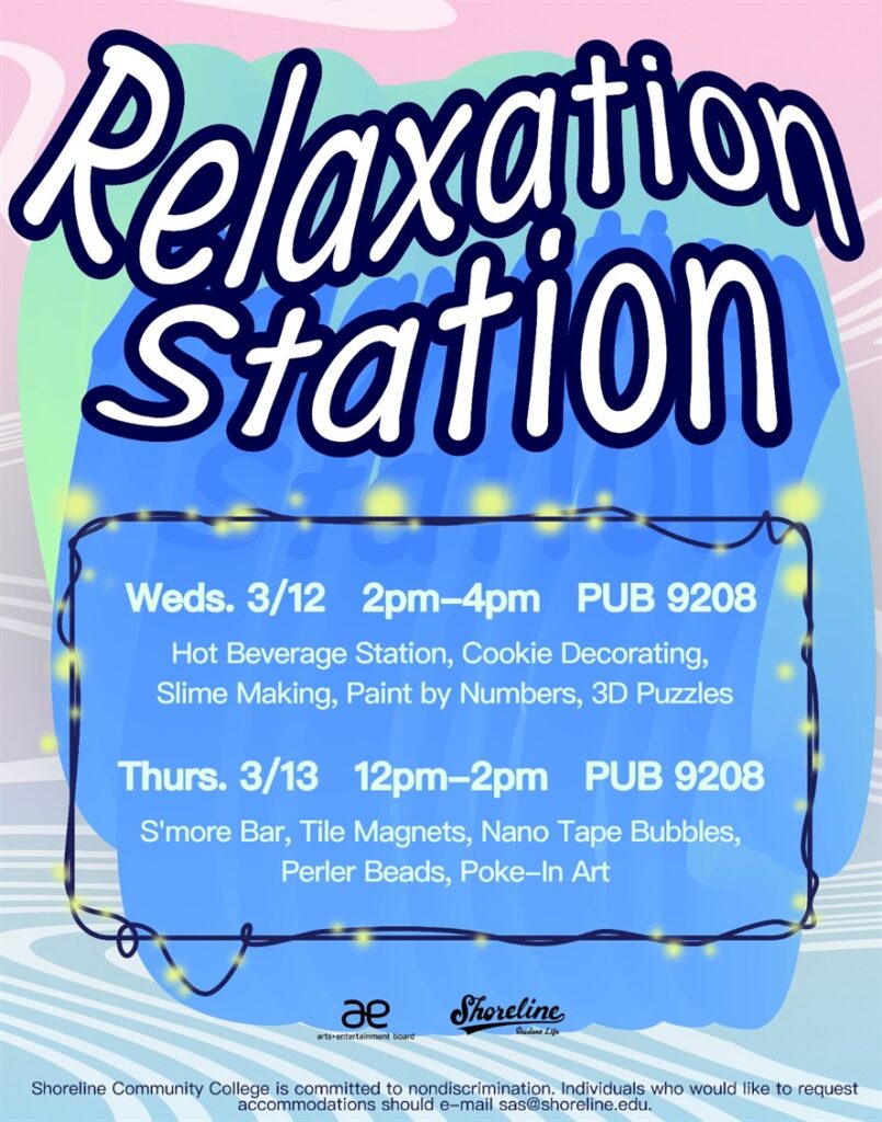 Flyer with the headline "Relaxation Station." Below headline are event details from the blog post. 