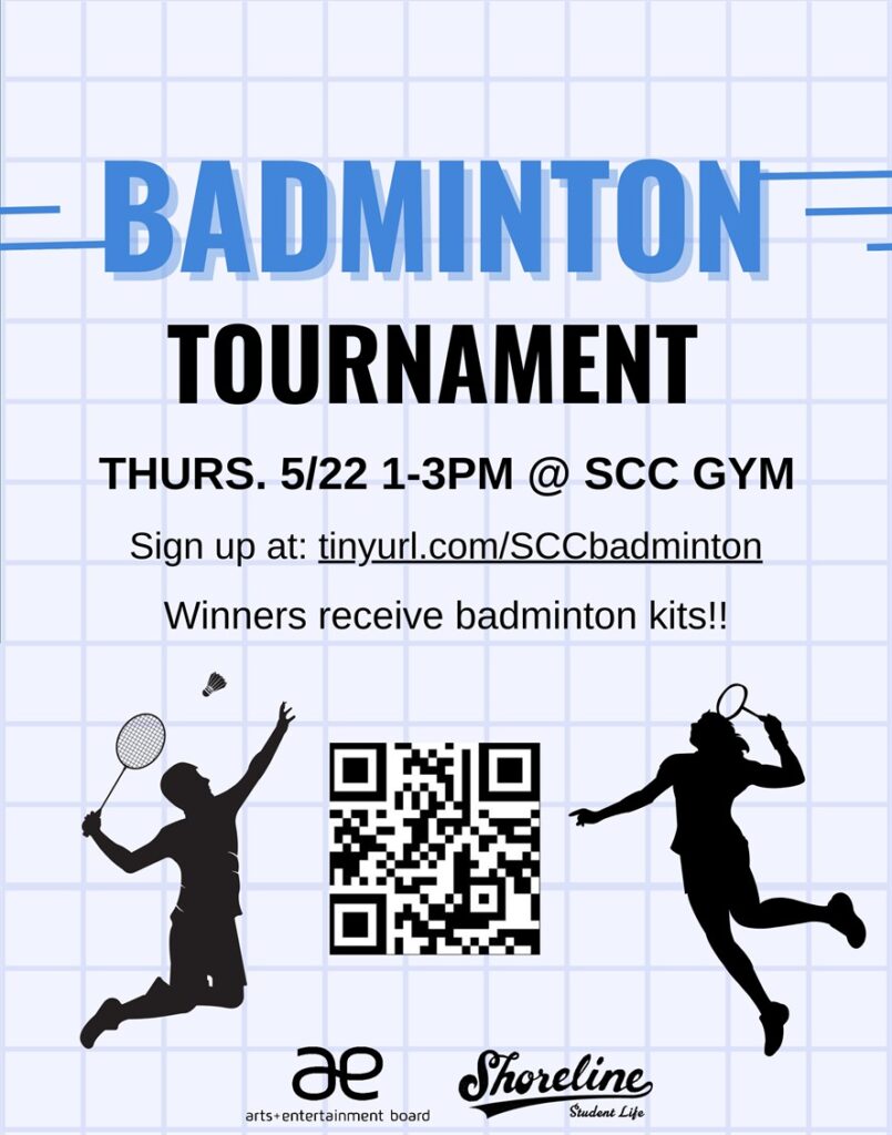 Silhouette of two people playing badminton. 