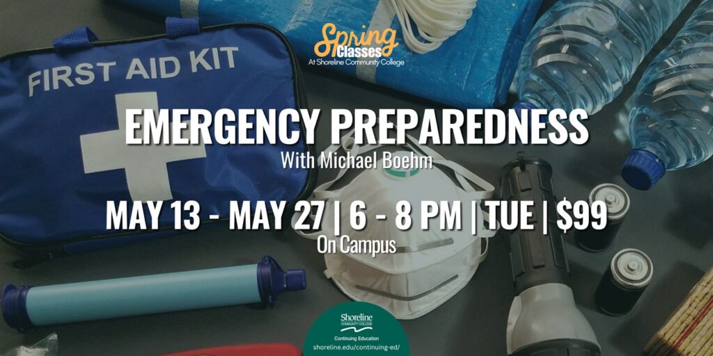 An array of emergency items, such as: a first aid kit, a flashlight, and bottled water. 