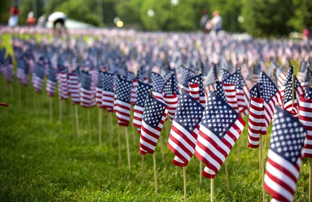 Rows of miniature American flags planted in the grass. 