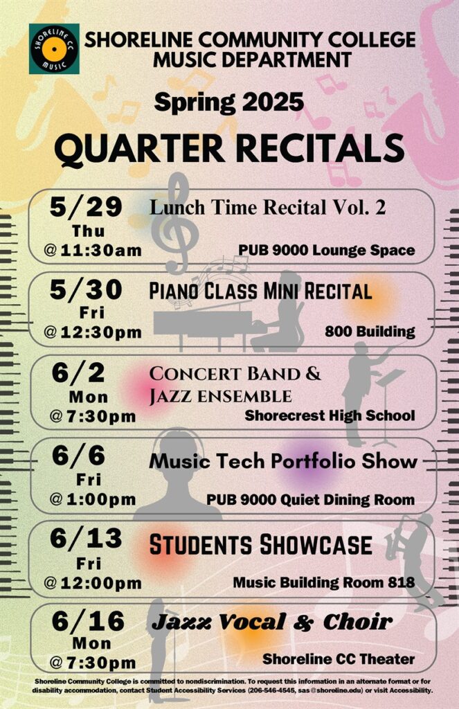 Event flyer features illustrations of musicians and musical instruments. 