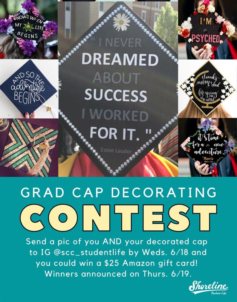 Collage of photos showing caps decorated in different ways. 