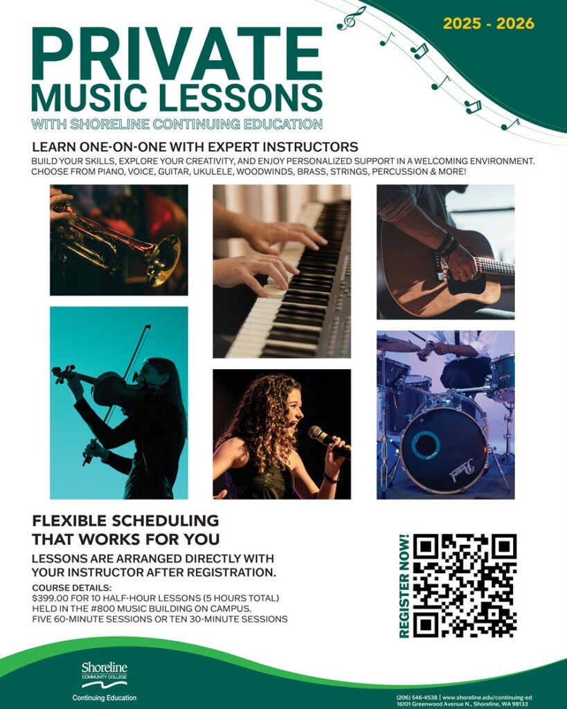 Collage of different musical instruments, including: trumpet, piano, guitar, and drums.